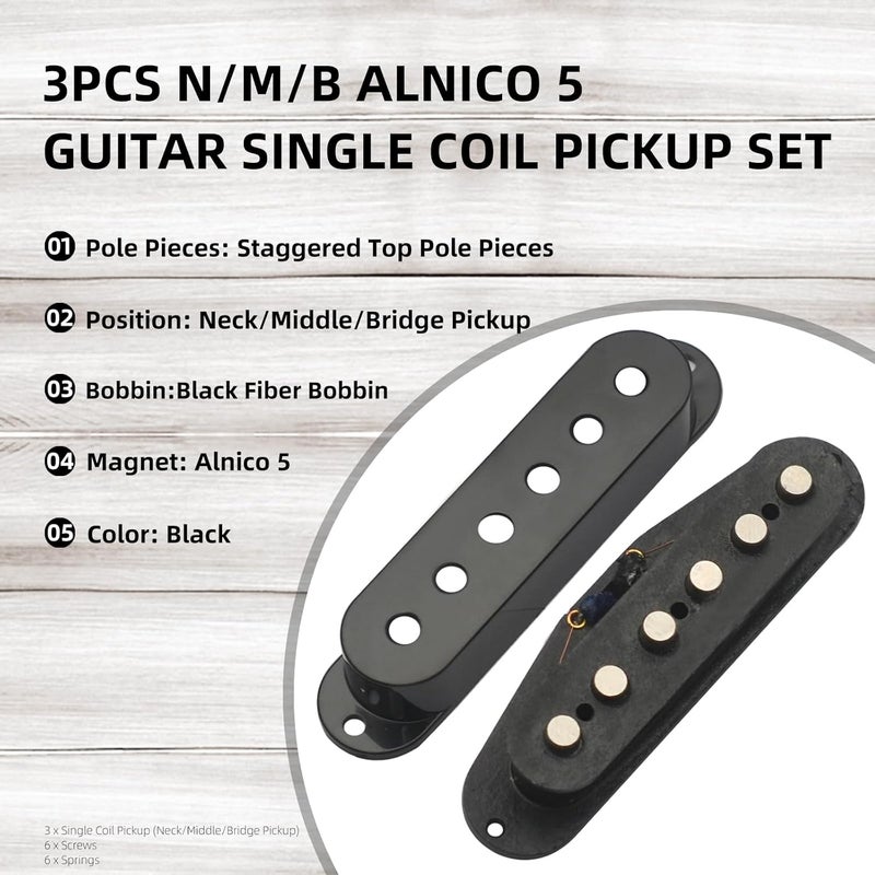 MAXCHEER Alnico 5 Strat Pickup Single Coil Pickups Guitar Neck/Middle/Bridge Pickup for Strat Squier Electric Guitar (Black) - Image 2
